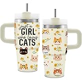 Cat Lover Gifts for Girls Women, 14 Oz Cute Cats Tumbler With Handle for Kids, Insulated Stainless Steel Cat Mug Cup, Just A Girl Who Lovers Cats