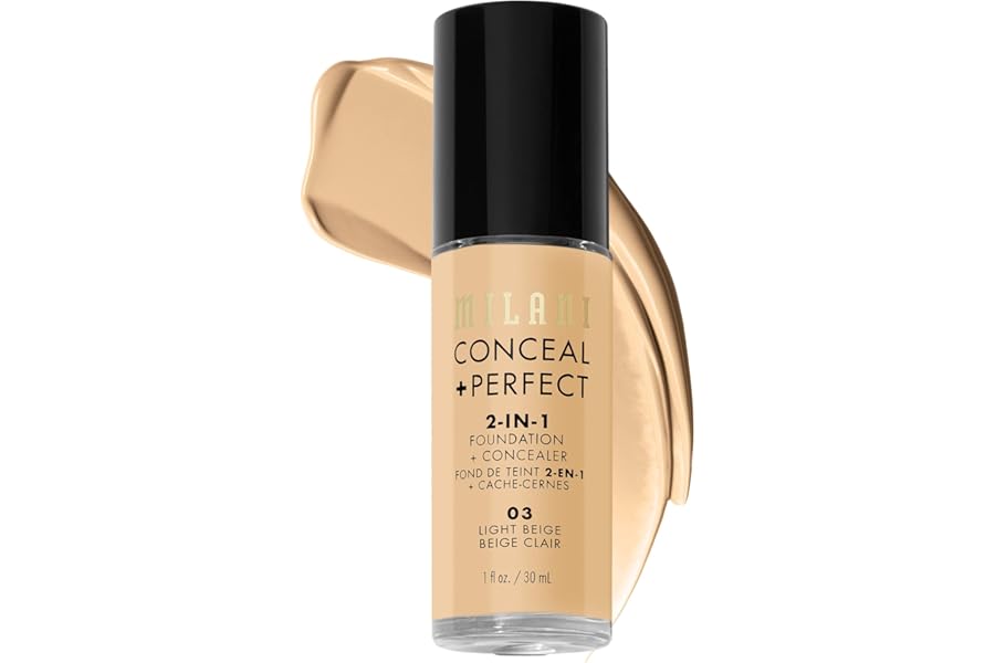 Milani Conceal + Perfect Liquid Foundation – Light Beige, 1 Fl. Oz. Cruelty-Free, Water-Resistant, Oil-Free, Medium-To-Full Coverage, Satin Matte Finish