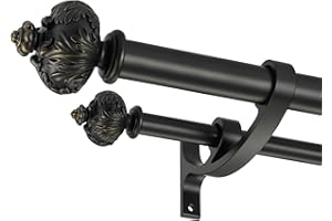 Lwiiom Heavy Duty Double Curtain Rod with Palm Leaves Finials and Aluminum Bouquet Brackets,Double Curtain Rods for Windows 36 to 72 Inches,1 Inch Front, 5/8 Inch Back Adjustable Double Rods,Black