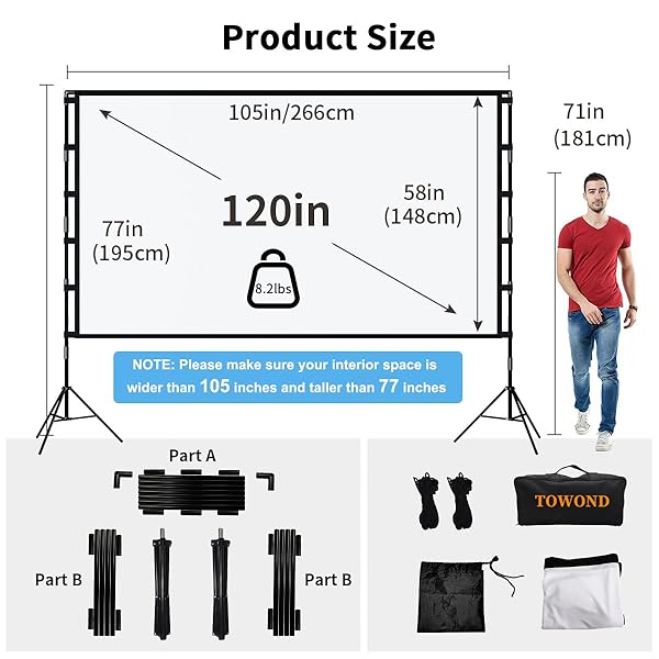 PROJECTOR SCREEN AND STAND, TOWOND 120 INCH PORTABLE PROJECTOR SCREEN INDOOR OUTDOOR MOVIE SCREEN 16:9 4K HD WRINKLE-FREE LIGHTWEIGHT PROJECTION SCREEN WITH CARRY BAG FOR BACKYARD MOVIE NIGHT