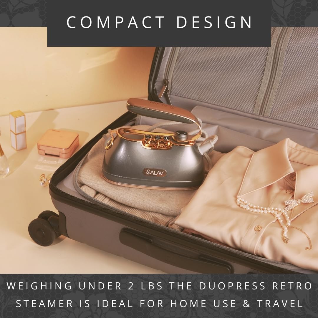 SALAV® Retro Edition Duopress Handheld Garment Steamer and Iron, Ceramic Plate, 1000 watts of Steam, Removes Wrinkles on Clothes, Vintage Style No Drip Steam, Titanium