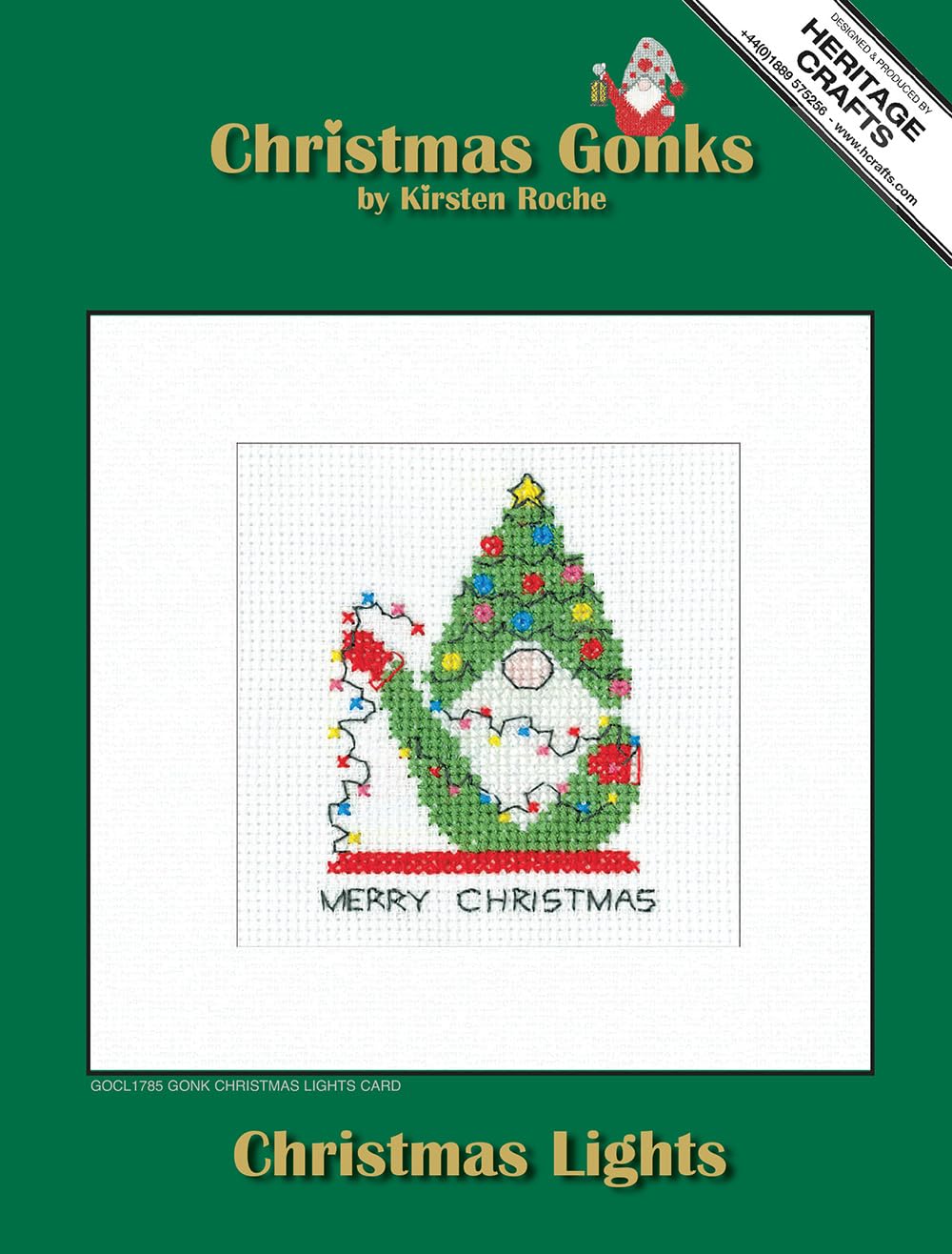 Heritage Crafts Gonk - Christmas Lights - Counted Cross Stitch Christmas Card kit by Kirsten Roche