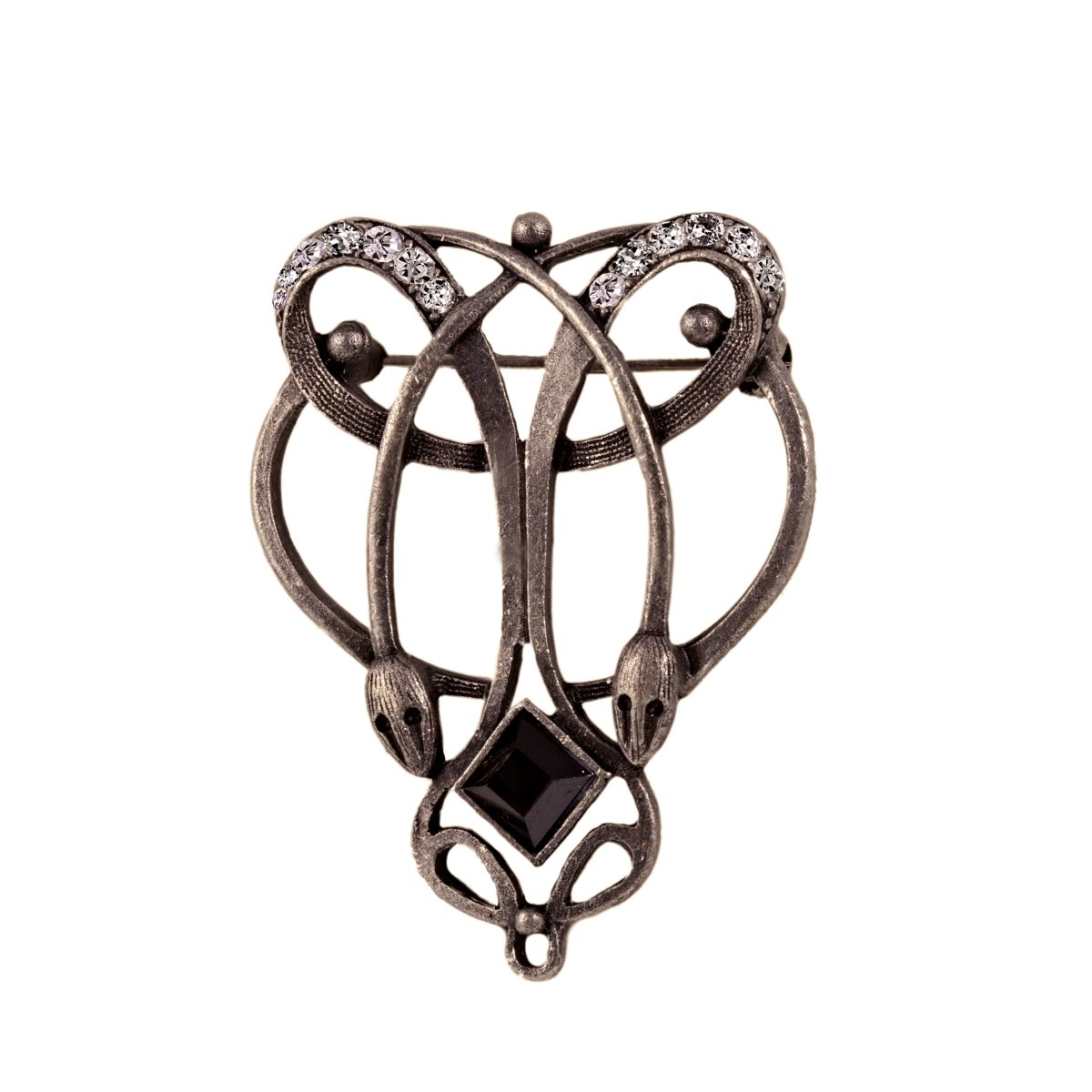 Antique-Silver Plated Art Nouveau Style Pin Enamel Crystals Brass Brooch