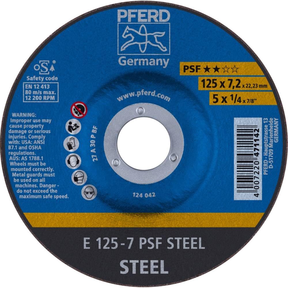 PFERD Grinding Disc, Pack of 5, 125 x 7.2 x 22.23 mm, Offset, PSF Steel, 69298071 for Steel