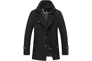 INVACHI Men's Wool Blend Coat Warm Winter Trench Coat with Detachable Soft Scarf Single Breasted Pea Coat