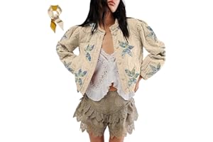 Women's Lightweight Floral Embroidered Cropped Quilted Jacket,Winter Warm Flower Print Button Down Outerwear Coat with Pocket