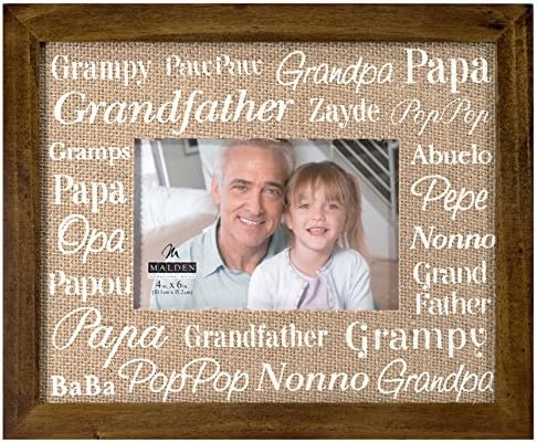Malden International Designs Grandfather Silkscreened Burlap Mat Washed Wood Picture Frame, 4x6, Brown