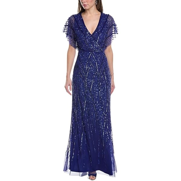 adrianna papell blue beaded dress Blue Hand Beaded Short Sleeve Floral Godet Gown main image 1