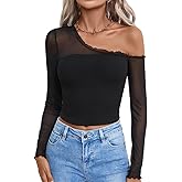 AsWished Women Summer Casual Mesh Splicing Short Top with Asymmetric Neckline and Slim Fit Going Out Tops