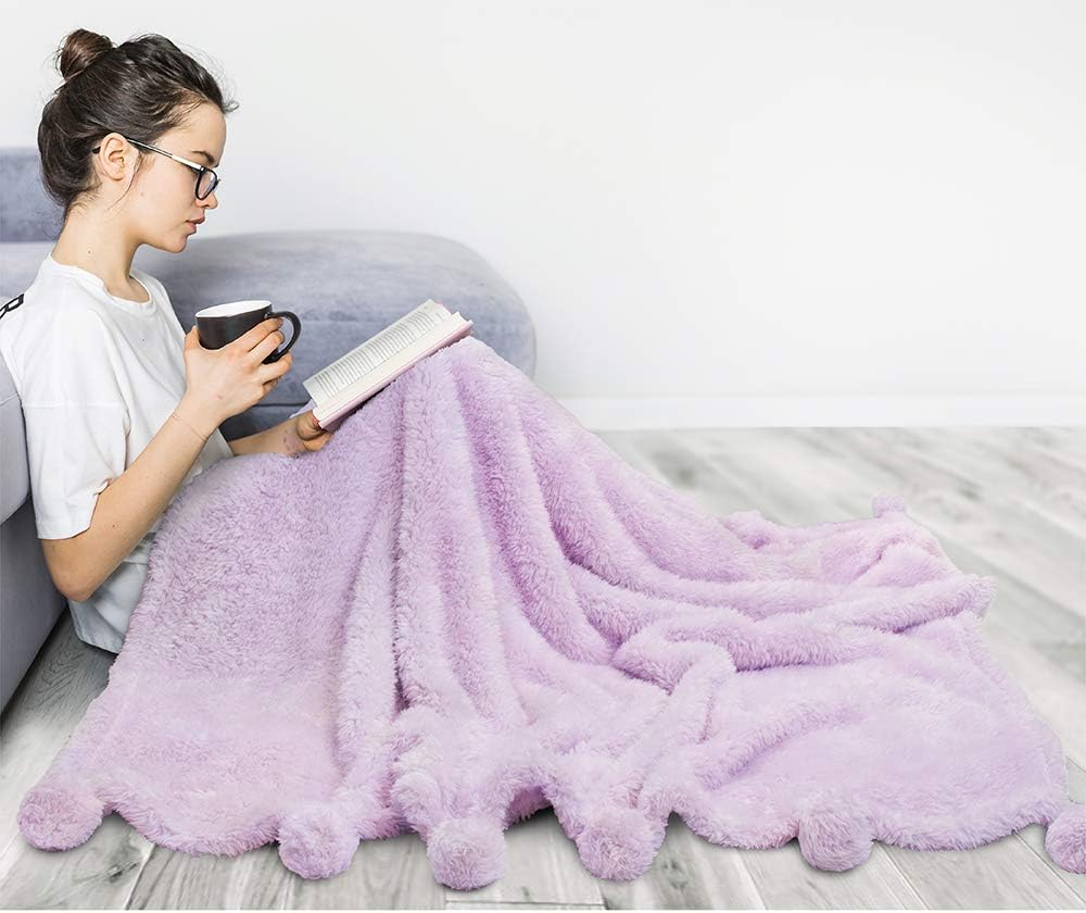 PAVILIA Plush Sherpa Throw Blanket with Pom Pom Fringe | Fluffy Microfiber Fleece Throw | Soft, Fuzzy, Cozy, Shaggy, Lightweight | Solid Purple Lavendar Blanket | 50 x 60 Inches: Home & Kitchen