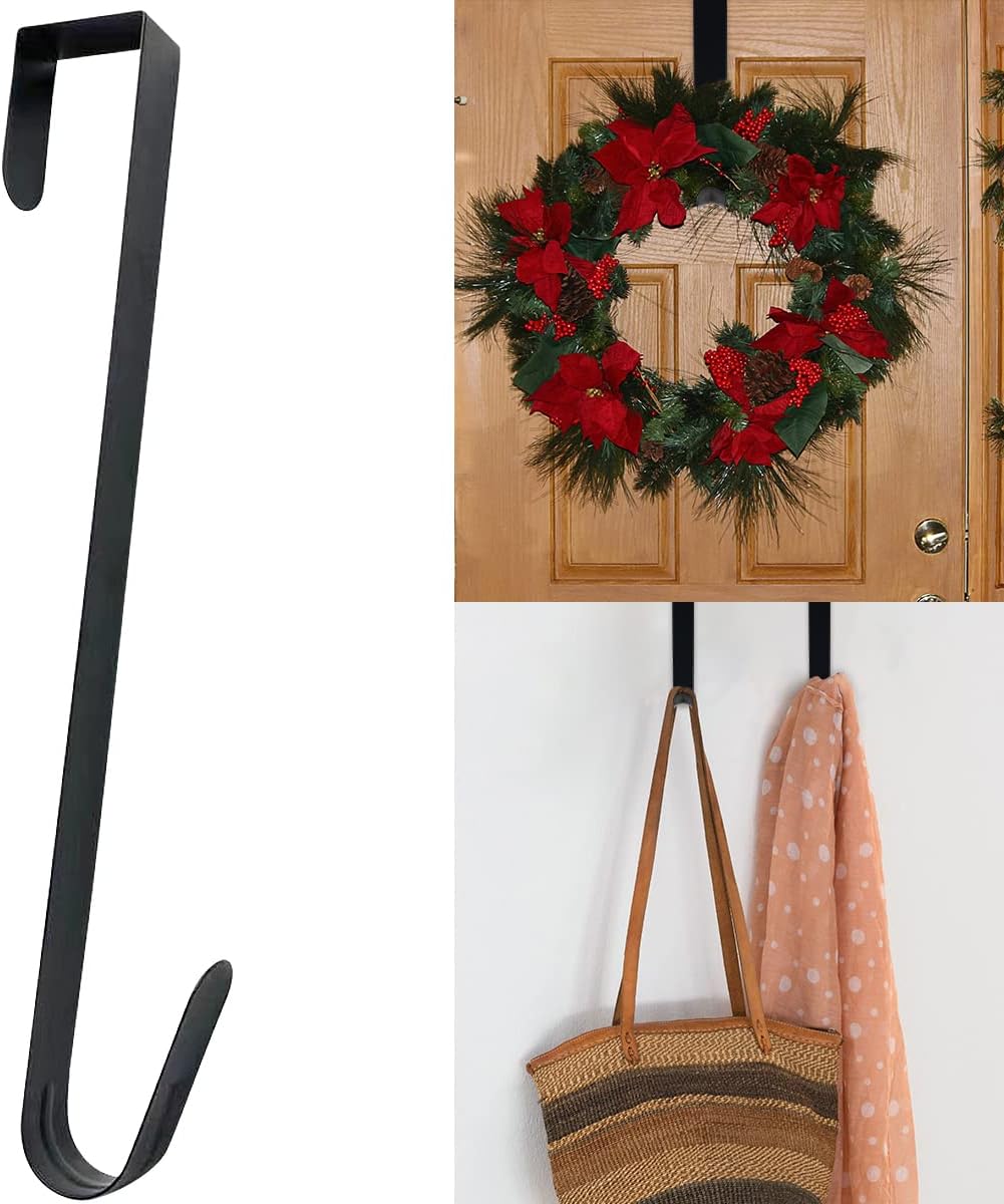 Wreath Hangers - Wreath Hanger, 15'' Wreath Hanger for Front Door Christmas Halloween Over The Door Wreath Hanger Garland Hoop Hangers Doors Hooks Metal Over The Door Single Hook for Clothes Coat Hat Towel Bag(Black)