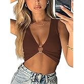 AEVZIV Sexy Crop Tops for Women Sleeveless Deep V Neck Workout Tops Plunge Ring Cleavage Cropped Tank Top
