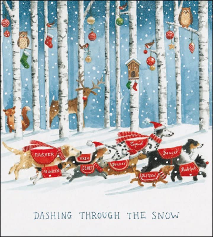 Woodmansterne Pack of 5 Artistic Charity Christmas Cards - Dashing Through The Snow - Lovely Illustration of Dogs Running Through Snowy Forest - 5 Cards of 1 Design