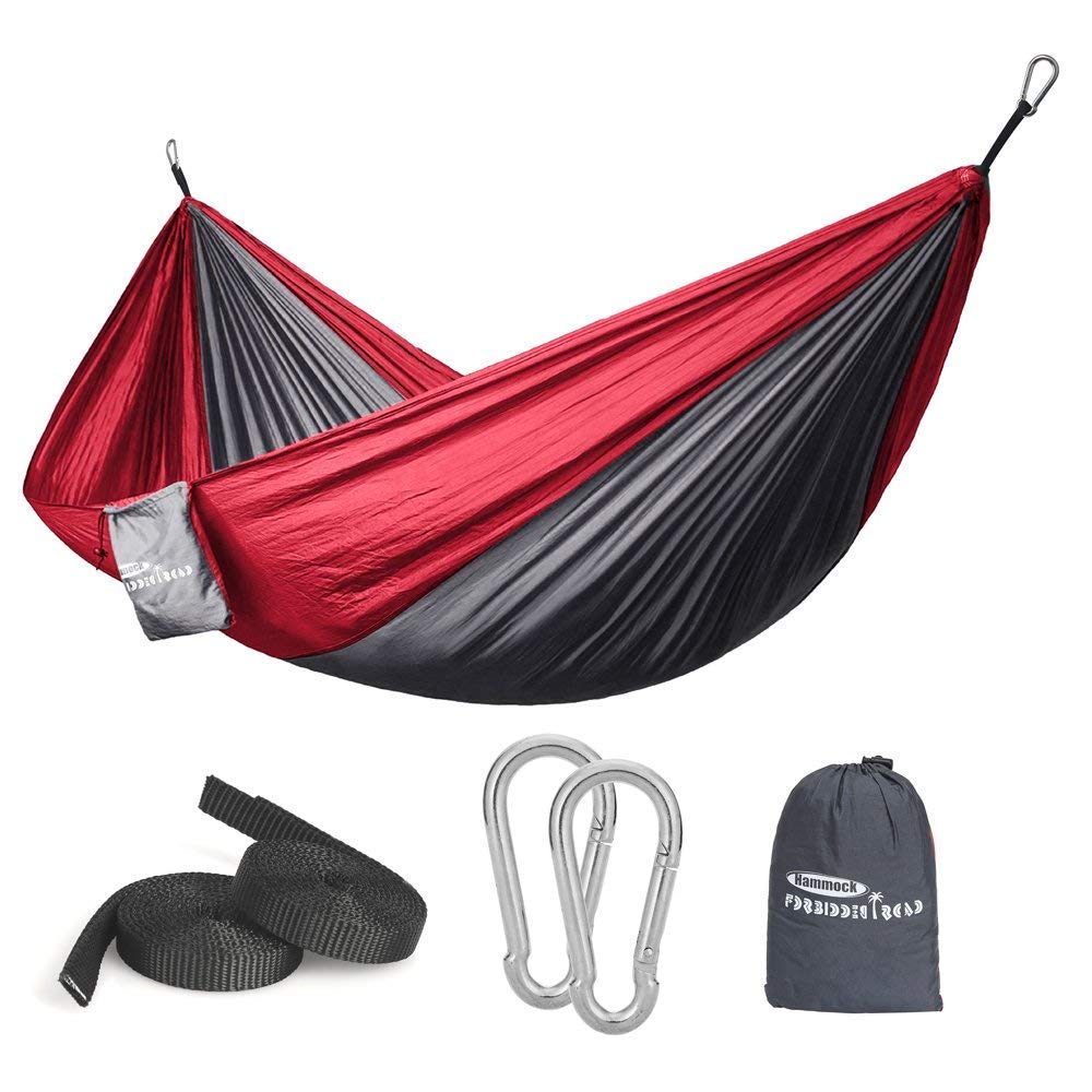 Forbidden Road Hammock Single Double Camping Lightweight Portable Hammock for Outdoor Hiking Travel Backpacking - Nylon Hammock Swing - Support 400lbs Ropes Carabineers 11 Colors (Grey Red)