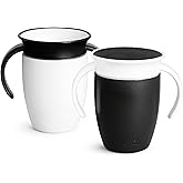 Munchkin Sippy Cup for 6 Month Old and Up, Spill Proof Miracle 360 Toddler Cups with Transition Handles, 7 Ounce, 2 Pack, Black/White