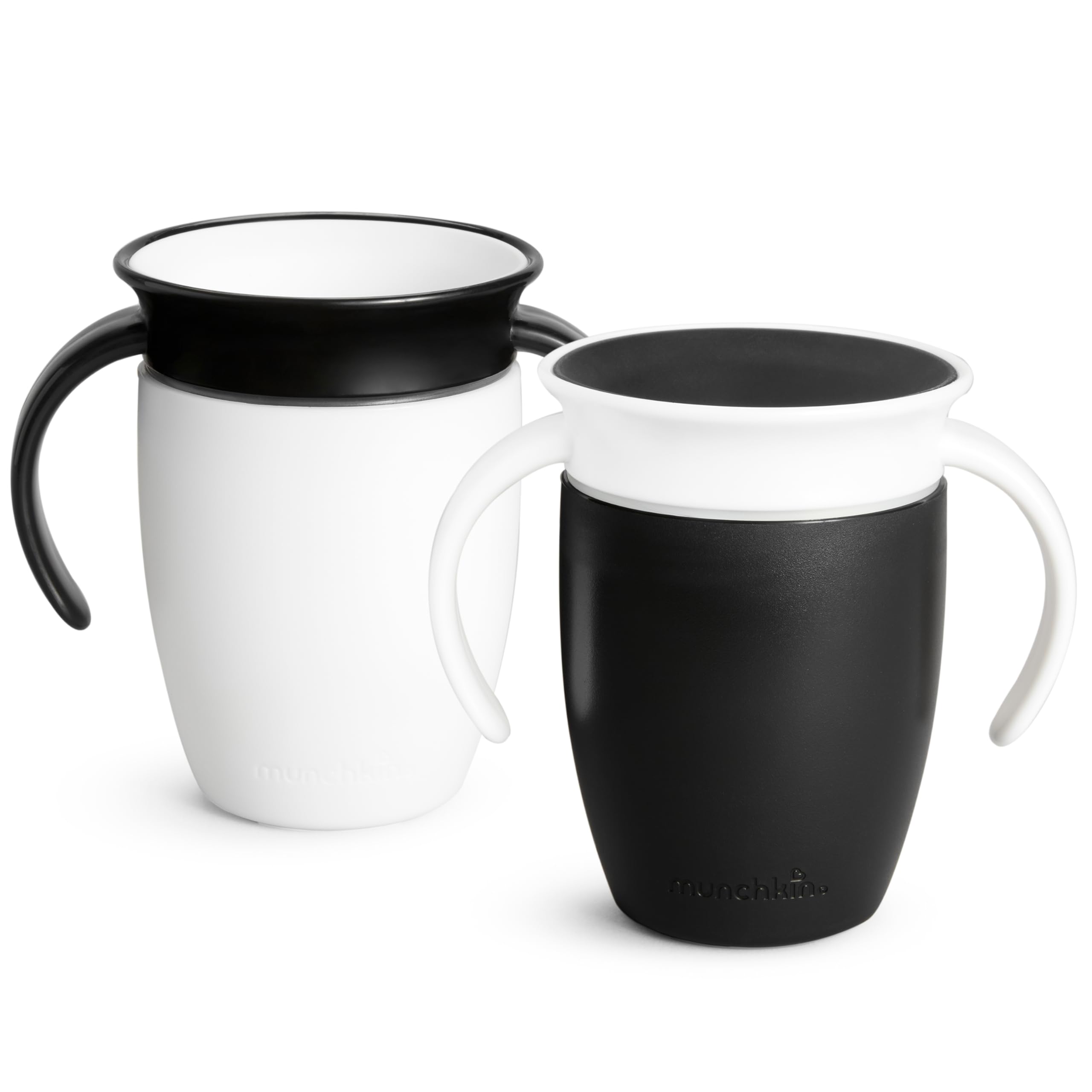 Munchkin Sippy Cup for 6 Month Old and Up, Spill Proof Miracle 360 Toddler Cups with Transition Handles, 7 Ounce, 2 Pack, Black/White