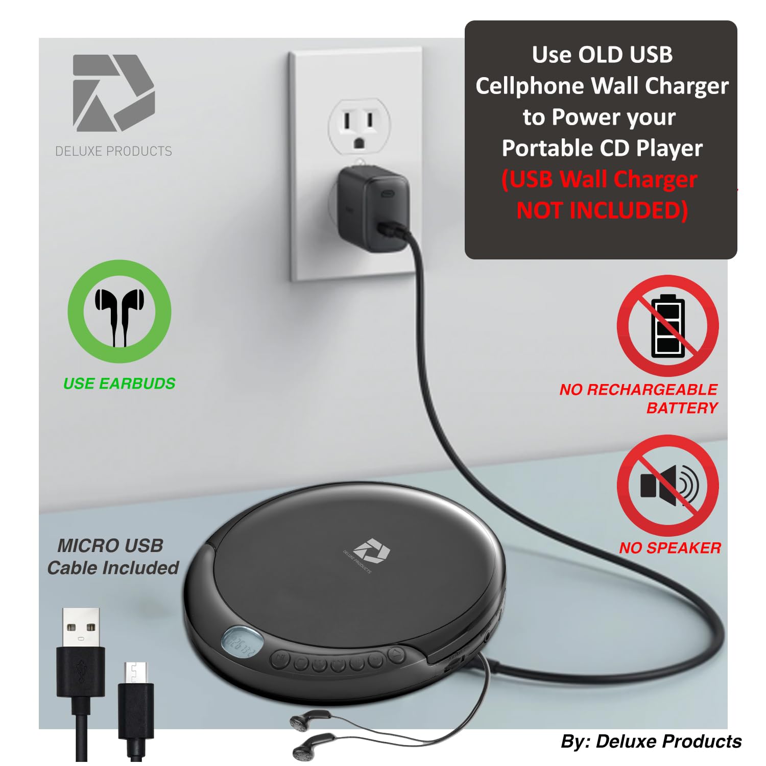 CD Player Portable with 60 Second Anti Skip, Stereo Earbuds, Includes Aux in Cable and AC USB Power Cable for use at Home or in Car