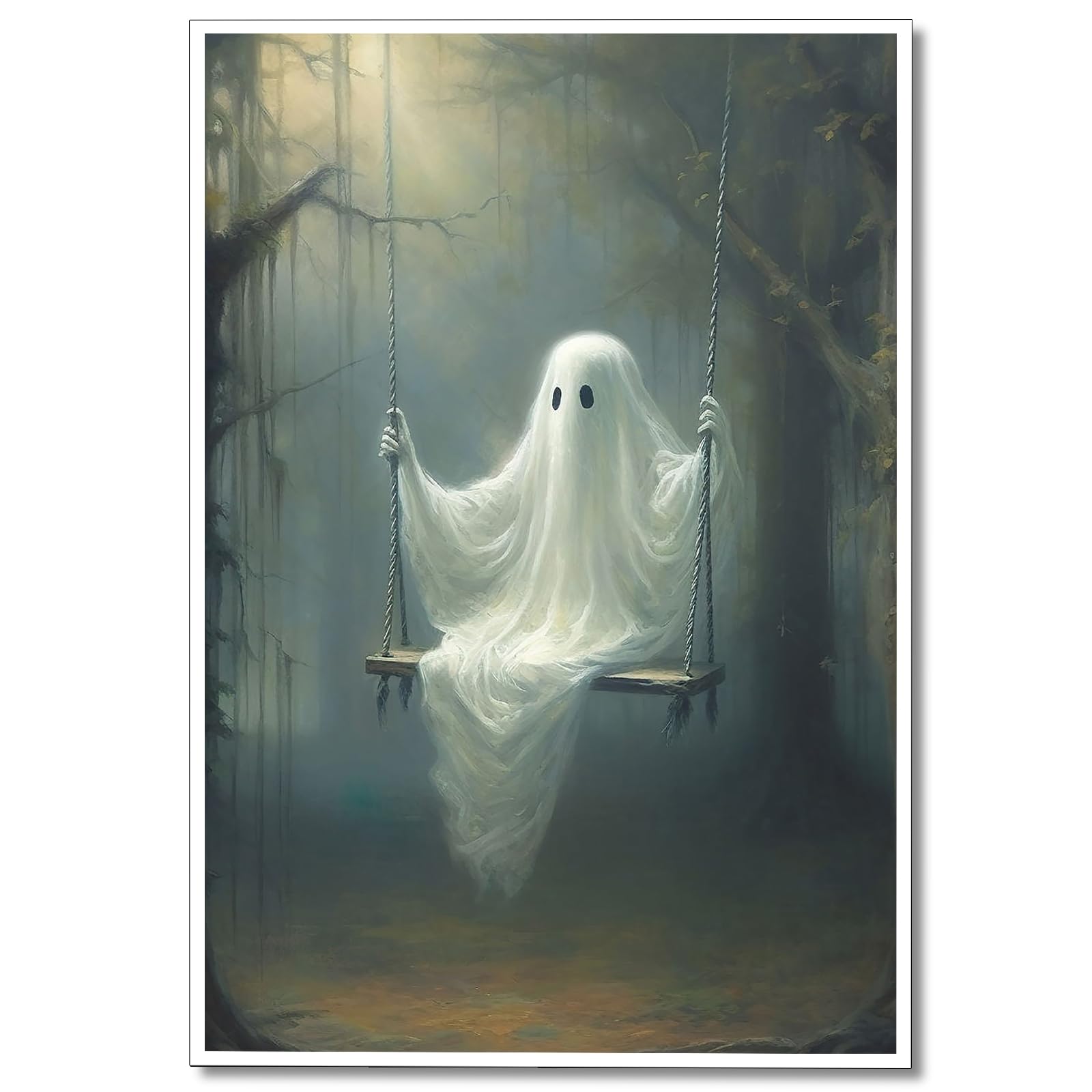 Nanxiwofee Vintage Cute Ghost Canvas Wall Art, Funny Ghost on A Swing in The Forest Aesthetic Poster, Gothic Dark Academia Wall Decor, Creepy Spooky Abandoned Art Halloween Pictures 12x16in Unframed