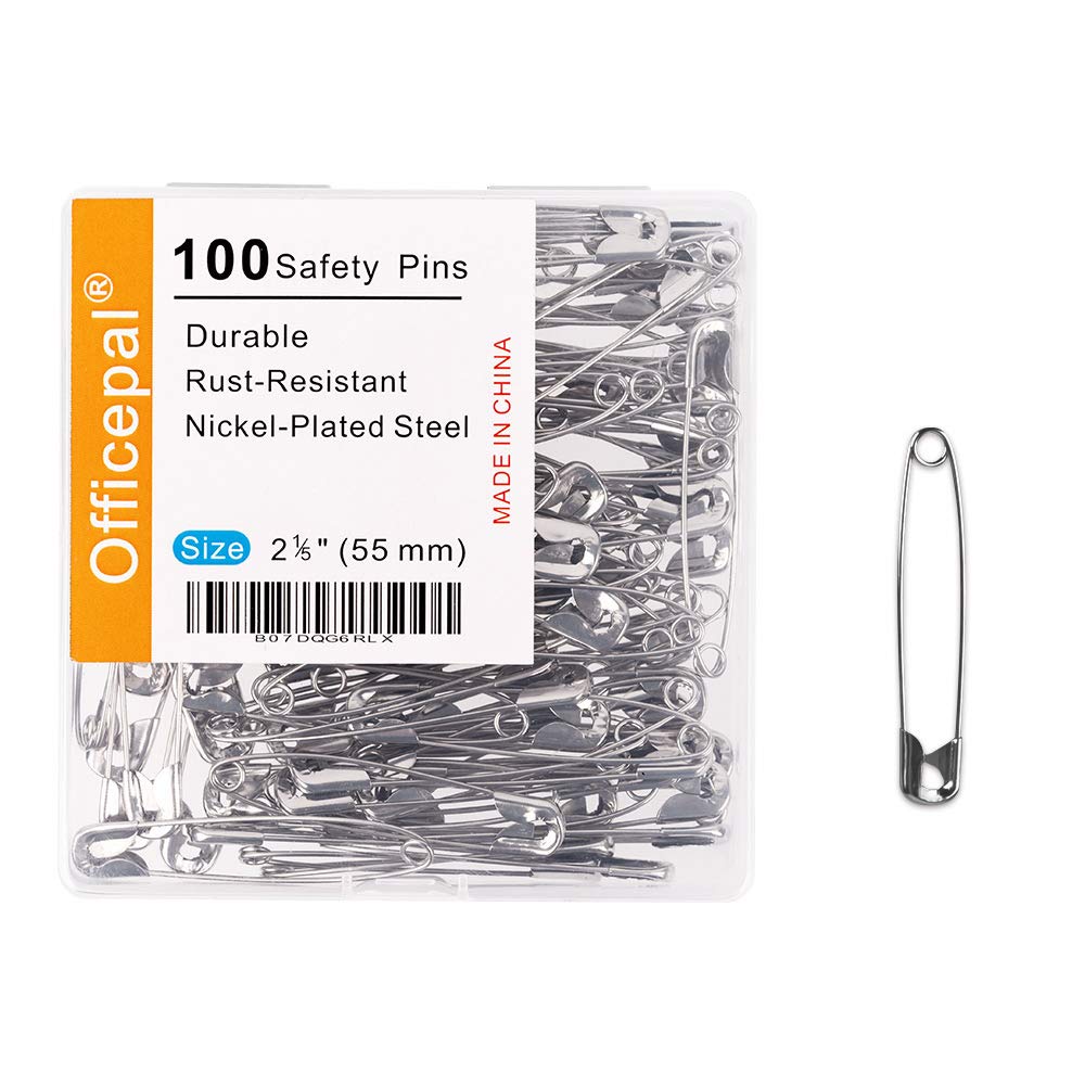 Officepal 100-Piece Safety Pins, Size 1, 2.17" / 55mm – Durable, Rust-Resistant Nickel Plated Steel Set- Best Sewing Accessories Kit for Baby Clothing, Crafts & Arts