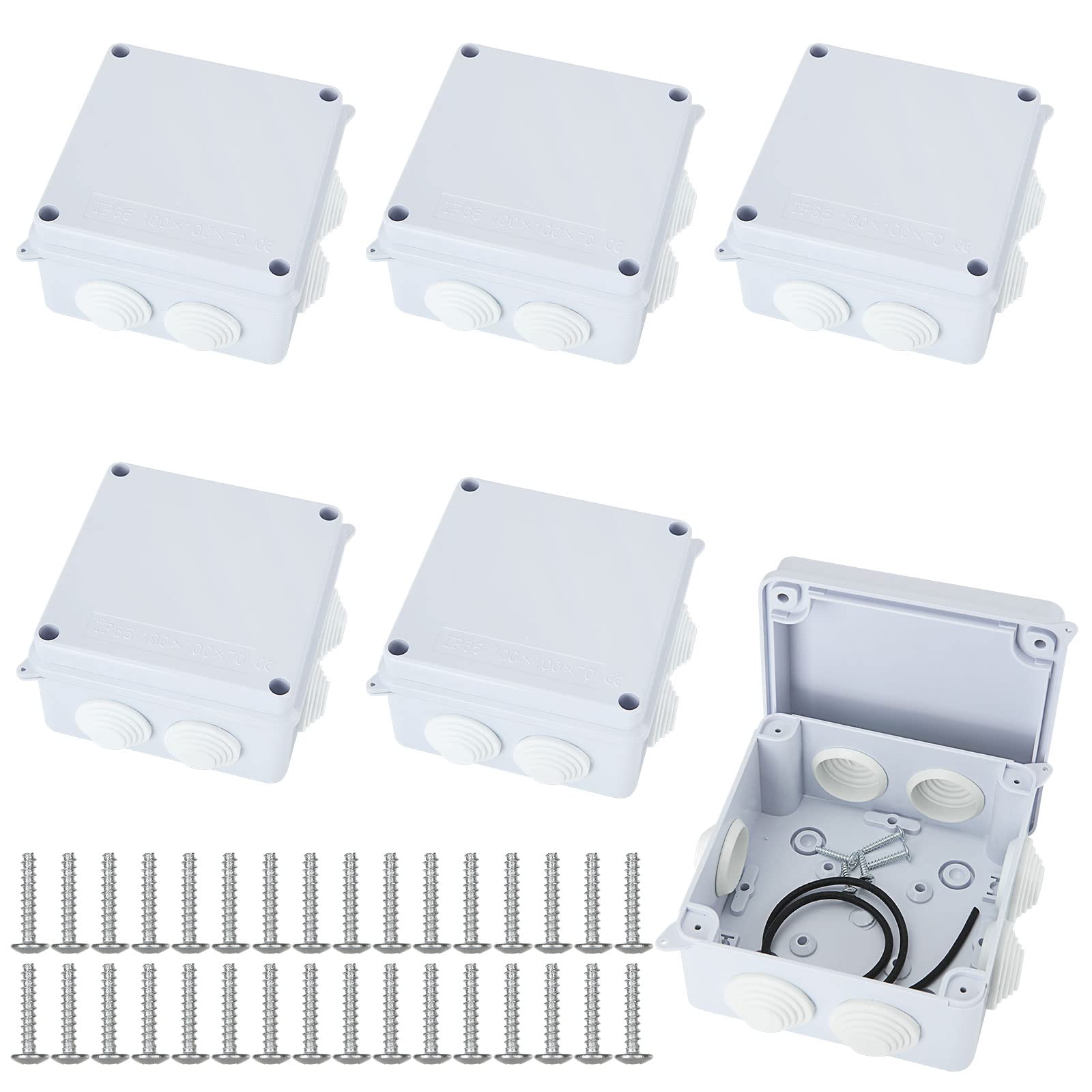 GOYADA 6PCS Junction Box Waterproof IP65, 100x100x70mm Outdoor Electrical Junction Boxes with Screws, White Electrical Wiring Junction Box For CCTV Camera Led Strip Road Sign Cable Connection
