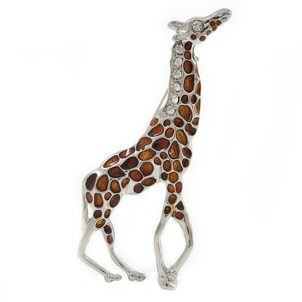 Rhodium Plated Brown Enamel, Clear Crystal Giraffe Brooch - 75mm L