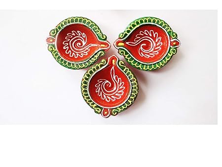 Diwali Diya: Flagsquare Diwali Diya Set of 3 | Handmade | Earthen Clay Terracotta | Decorative Diya | Festival Diya Oil Lamps | Multicolor