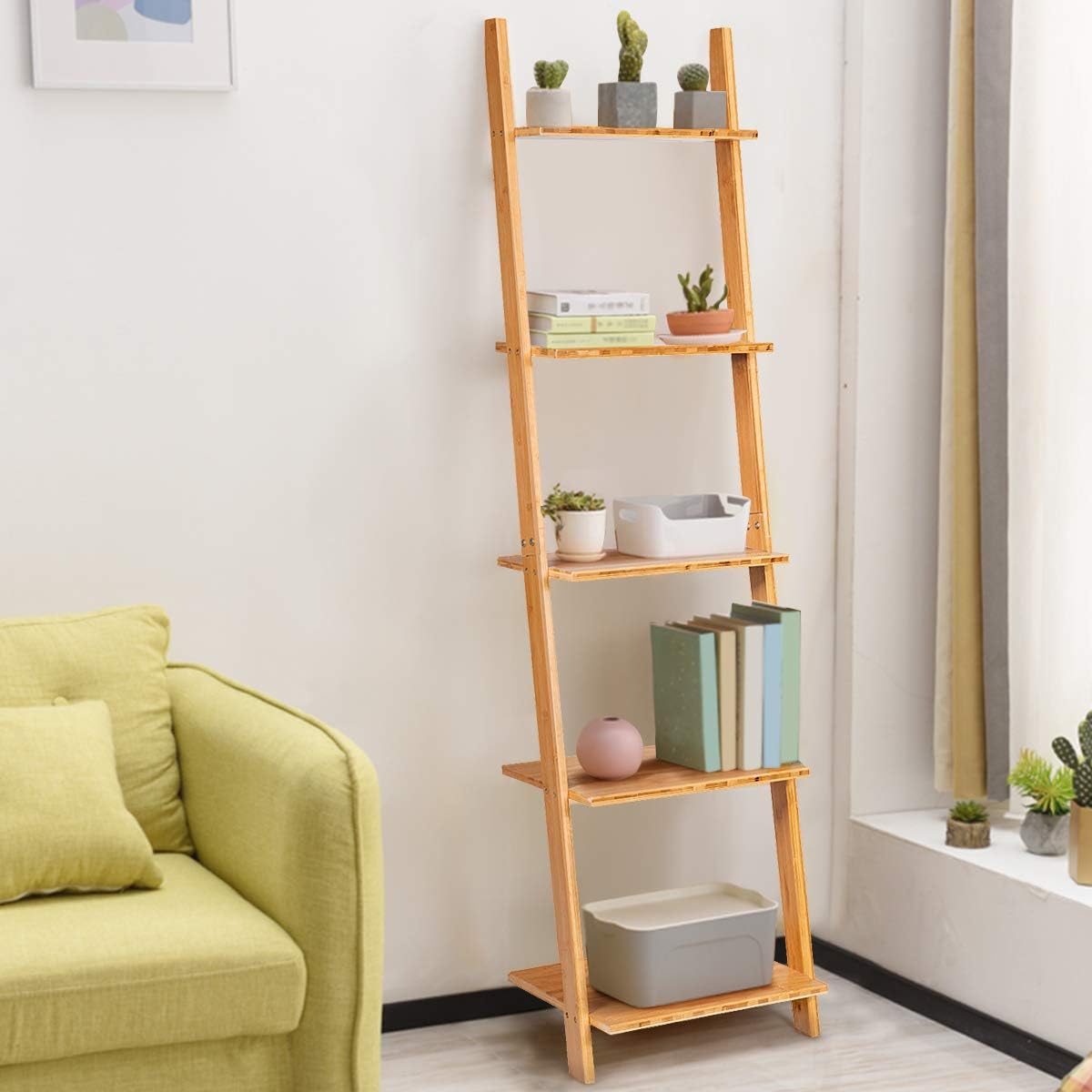 Tangkula 5-Tier Ladder Shelf Bookshelf, Natural Bamboo Wall-Leaning Bookshelf, Plant Flower Stand, Storage Display Shelves for Living Room Bathroom Office, Multifunctional Ladder Bookcase (Natural): Kitchen & Dining