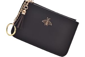 AnnabelZ Coin Purse Change Wallet Pouch Leather Card Holder with Key Chain Tassel Zip(Black)