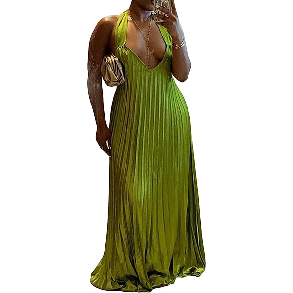 Amazon.com: Ecirod Womens Halter Tie Deep V Neck Pleated Maxi Dress  Sleeveless Backless A Line Flowy Evening Party Dresses : Clothing, Shoes &  Jewelry
