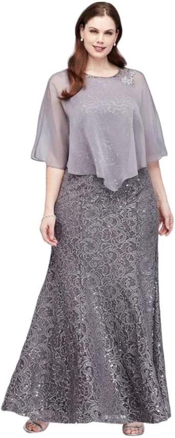 Plus Size Sequin Lace Mother of Bride/Groom Dress with Flutter Sleeve Style 7419167, Silver, 14W 