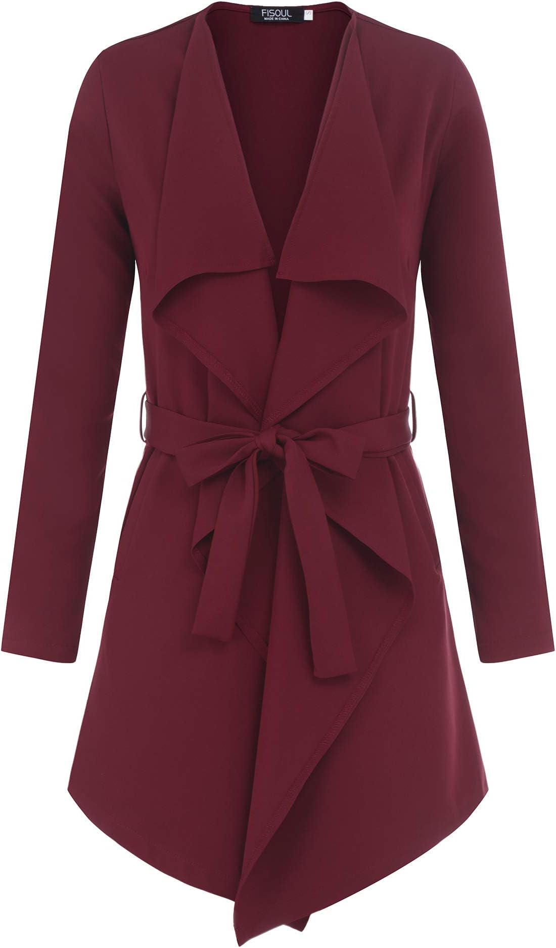 FISOUL Women's Trench Cardigan Casual Waterfall Collar Lightweight Pockets Wrap Peacoat w/Belt
