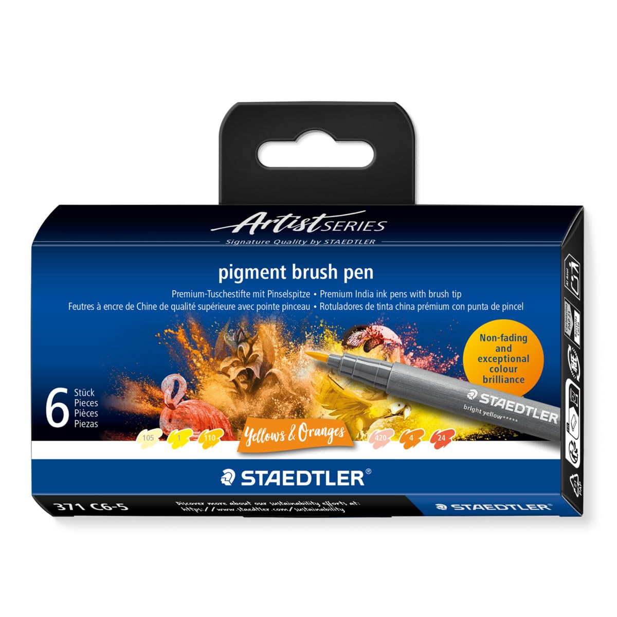 STAEDTLER 371 C6-5 Pigment Arts Brush Pen - Assorted Yellow & Orange Colours (Pack of 6)