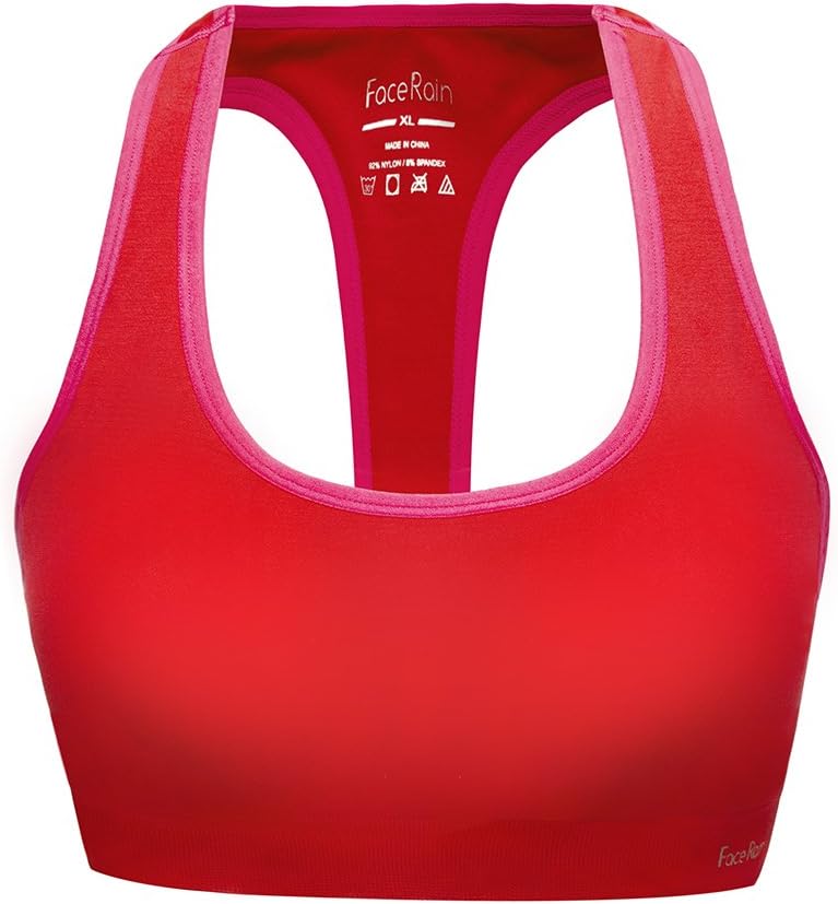 FaceRain Women's Workout Sports Bra Removeable Pads Raceback Medium Support Yoga Bras Red/L