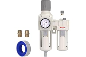 AIRZOE 3/4" NPT Compressed Air Filter Regulator Lubricator Combo, Air Compressor Water Separator AC4010-06,5 Micron Brass Element Semi-Auto Drain,0-145 psi Gauge