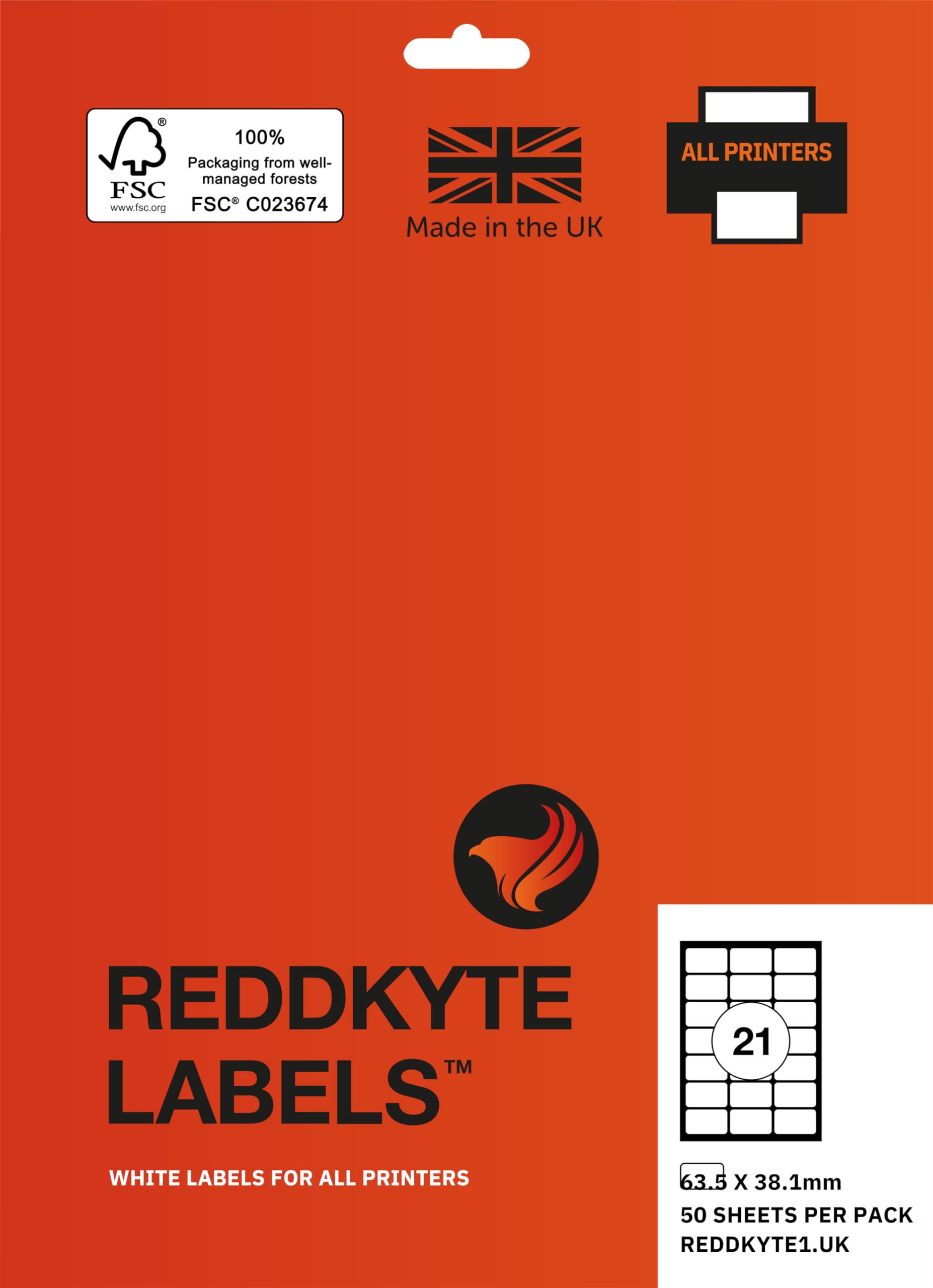 Reddkyte Multipurpose White Labels - Pack of 50 Sheets, 63.5 X 38.1 mm, 21 Labels per Sheet, for Inkjet and Laser, FSC Certified, Made in the UK