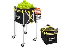 LOMGWAYS Pickleball Tennis Ball Hopper-Foldable Lightweight Tennis Cart Holds 180 Tennis/160 Pickleballs with Removable Bag,Wheels,Side Pocket for Training/Teaching, for Tennis/Pickleball/Baseball/Softball