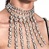 YERTTER Sparkle Silver Full Fringe Crystal Tassel Chain Exaggrated Collar Luxury Tassel Rhinestone Statement Clavicle Choker Necklace for Wedding Party Music Bar Women （Silver 5）