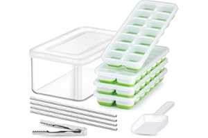 Ice Cube Tray with Lid and Bin, Jrisbo 4 Pack Silicone Easy-Release Ice Cube Trays with Ice Container, Stackable Ice Trays with Storage Ice Bucket, 4 Stainless Steel Straws, Ice Tong, Ice Scoop