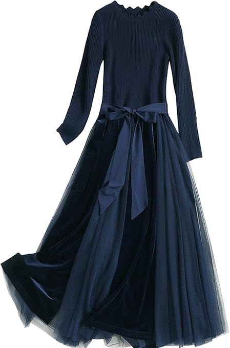 Amazon Keimi ケイミ ニット ワンピース レディース 長袖 ロング丈 レースワンピース 秋冬 ドレス きれいめ 着痩せ 膝丈 優雅 結婚式 パーティー お呼ばれ 発表会 通勤 ネイビー L ワンピース チュニック 通販