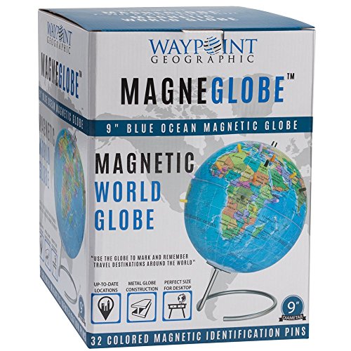 Waypoint Geographic Magneglobe Magnetic UP-TO-DATE World Globe with Stand - Includes 32 Magnetic Pins For Marking Travels & Fun Points Of Interest (Blue Ocean)