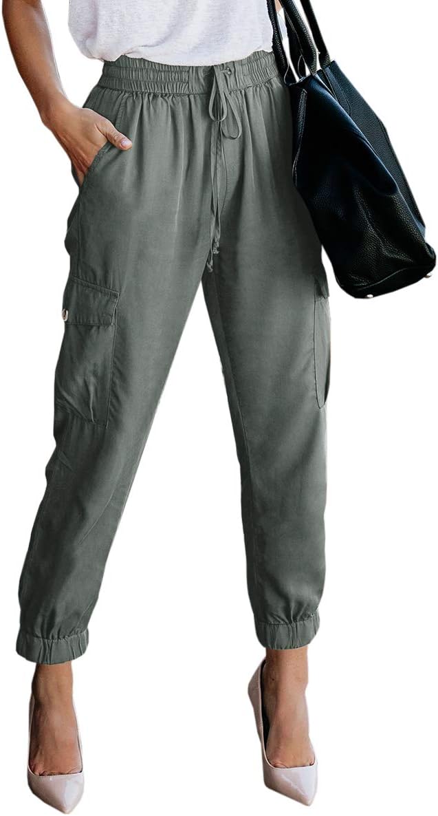 Women's Elastic Waist Cargo Casual Drawstring Pants Ankle Length Jogger Cropped Trousers with Pockets