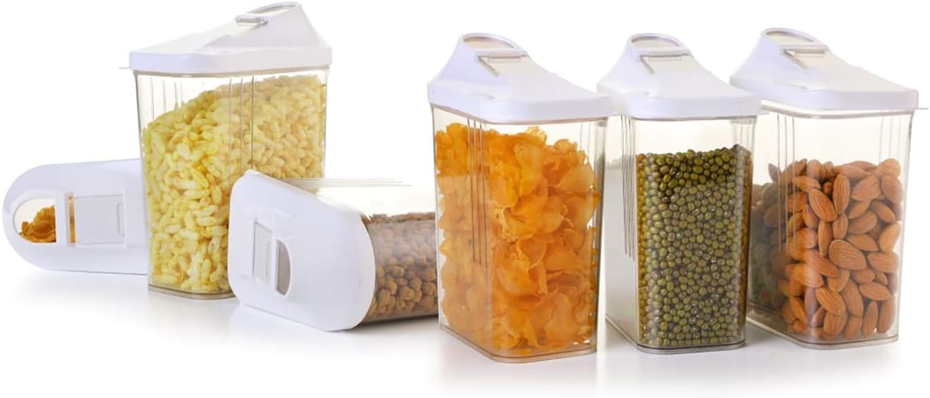 Skyfly Plastic Cereal Dispenser Easy Flow Storage Jar with Lid (White, 1500ml) - Set of 6 Pieces