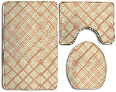 NEW Red Thin Line Lattice 3 Piece Bathroom Mats Set Non-Slip Bathroom Rugs/Contour Mat/Toilet Cover