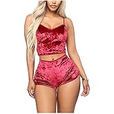 AWIBMK Women's Velvet 2 Piece Outfit Spaghetti Strap Sleeveless Crop Top Camisole and Shorts Pajamas Set Sleepwear Nightwear