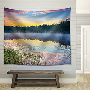 Foggy Sunrise Over Forest Lake - Fabric Wall Tapestry Home Decor - 51x60 inches