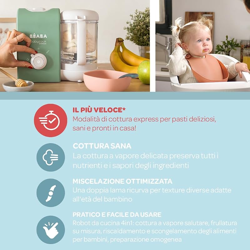 BEABA, Babycook Express, Robot Baby 4 in 1 Frullatore, Cottura Express 15 min, Miscelazione personalizzata, Cottura a Vapore Dolce e Sano, Scongelamento, Texture omogenea, Capacità 1.250 ml, Verde
