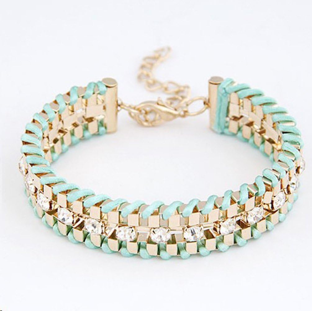 Bracelets Women Jewelry Gift 18k Real Gold Plated Hand-woven Rhinestone Chain Bracelets (Light Blue)