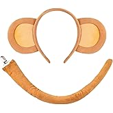 2-Piece Monkey Ears Headband and Tail Costume Accessory Set – Brown Plush Monkey Ears Headwear and Clip-On Tail for Halloween, Jungle-Themed Parties, Cosplay, School Plays, and Animal Dress-Up Events