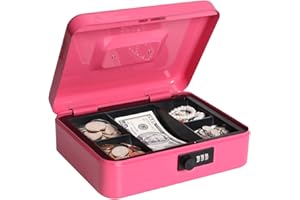 Cash Box with Combination Lock, Metal Money Box for Cash, Lovndi Lock Box with Money Tray, 9.84x 7.87x 3.54 Inches, Pink