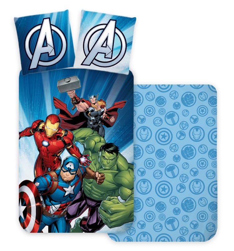 BrandMac Avengers 3-Piece Bedding Set with Fitted Sheet, 100% Cotton, Duvet Cover 140 x 200 cm + Pillowcase 65 x 65 cm + Fitted Sheet 90 x 190 cm